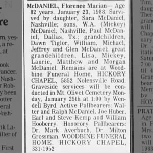 Obituary for Florence Marian McDANIEL