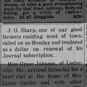 JG Sharp subscribed to the paper again carter co journal 28 aug 1914