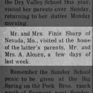 Mr and Mrs Finis Sharp visited her parents the Alcorns Carter Co Journal 16 oct 1914
