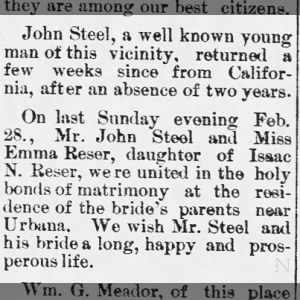 Steel-Reser Marriage. The Hermitage Gazette (Hermitage, Missouri) 03 Mar 1897 Page 2