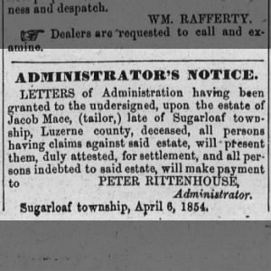 Jacob Mace 1854 administrators notice