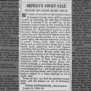 Jacob Mahs 1854 Orphan court sale