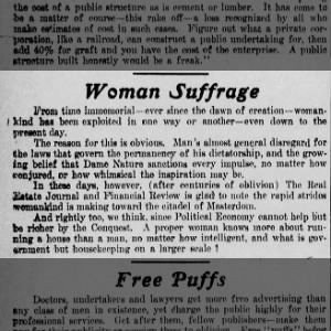 Article regarding women's suffrage. Wilkes-Barre, PA, 01 Mar 1910