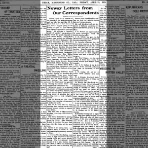 Newsy Letter w Heckendorfs--Ukiah Republican Press Fri 22 Apr 1904 pg1