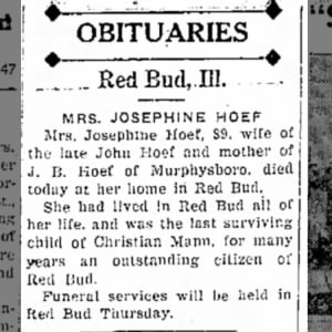 Obituary of Josephine Mann-Hoef 1947