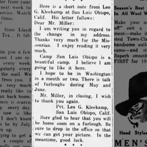 Leo Kleekamp letter to newspaper Apr 1943