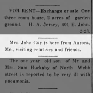 Guy, Mrs. John from Aurora; visiting Webb City