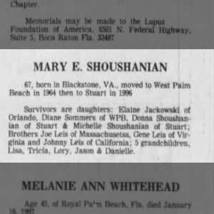 Obituary for MARY E. SHOUSHANIAN