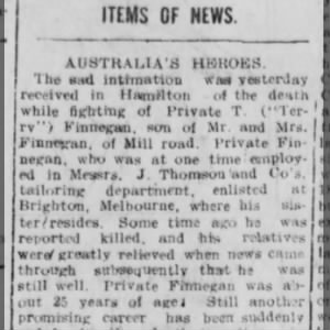 Private Terance Finnegan reported death 29th may 1917 p4 Hamilton Spectator