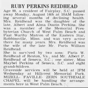 Obituary for RUBY PERKINS REIDHEAD