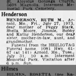 Ruth M. Henderson Obituary. St. Louis Dispatch (St. Louis, Missouri) 29 Jul 1973 Page 92
