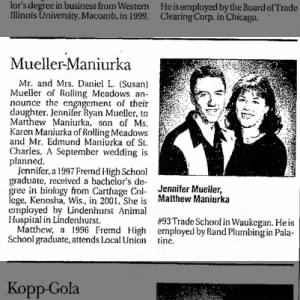 Marriage Announcement of Mueller / Maniurka