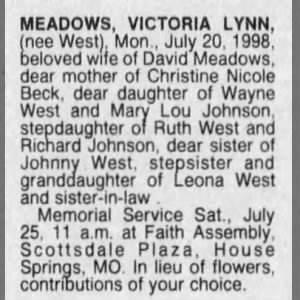 Obituary for VICTORIA LYNN MEADOWS