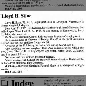 Obituary for Lloyd H. Stine