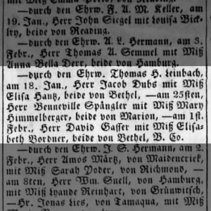 verheirathet (married) announcement, 25 Jan 1851, of Benneville Spangler and Mary Himmelberger