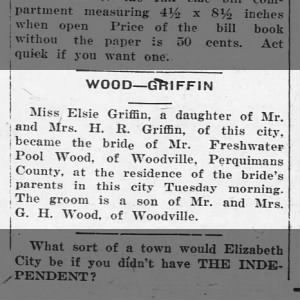 Freshwater Pool Wood and Elsie Griffin's wedding announcement