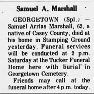 Samuel Arrias Marshall Funeral Notice