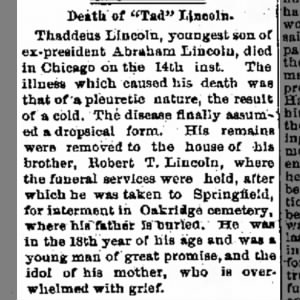 Death of Thaddeus "Tad" lincoln