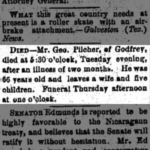Death: George Pilcher Dec 31 1884 in Godfrey Illinois