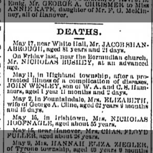 1887 Caroline Hoofnagle Death Notice