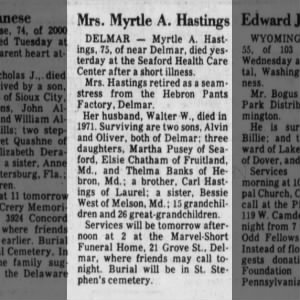 Obituary for Myrtle A. Hastings