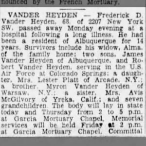 Fred Vander Hayden obituary 