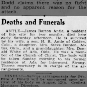 James Barton Antle died August 6 1949; survivors; Albuquerque NM