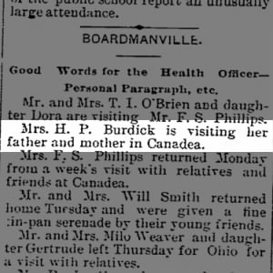 Mrs H.P. Burdick visiting her father and mother in Canadea.
