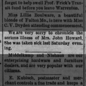 Mrs John Howard .Daily Banner, Warrenton, MO 15 June 1886
