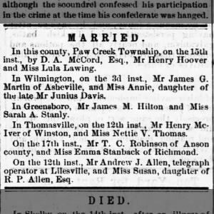Married: James M. Hilton and Sarah A. Stanly (1879)