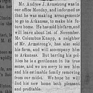 Mr. Andrew J. Armstrong to Move to Arkansas