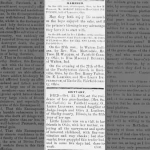 Obituary - Death of Sarah Carlisle's granddaughter Lizzie Leathers  Oct 23, 1864 from scarlet fever.