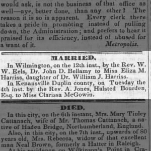 Halstead Bourden marriage to Clarissa McGowin June 1839

