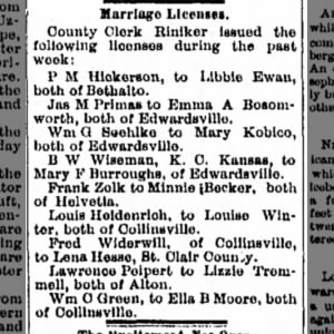 Primas, Joseph M to Bosomworth, Emma Amelia Marriage License