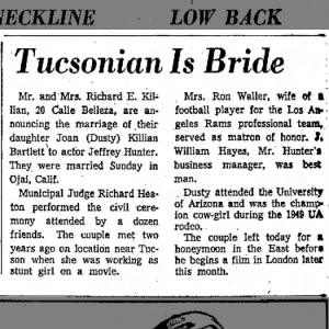 1957-07-08 Joan Killian - Tucson Daily Citizen (Joan Killian Weds Actor Jeffery Hunter in Ojai, Ca.