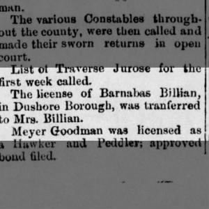 Barnabas Billian license transferred to Mrs Billian