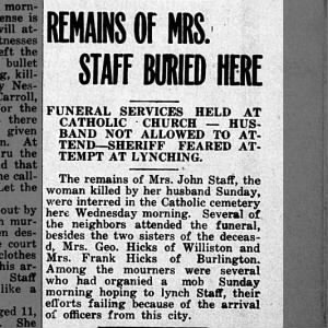 Mrs. John Staff's remains buried