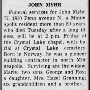 Obituary for JOHN MYHR