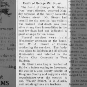 George W. Stuart, obituary.  The Advertiser, Lawrence, KS. Nov. 25, 1915, pg. 1.