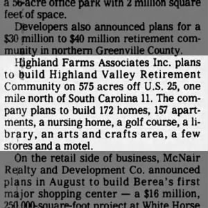 Highland Farms- Retirement Community, GVL News 29 Dec 1985