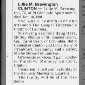 Obituary for Lillie M. Brewington