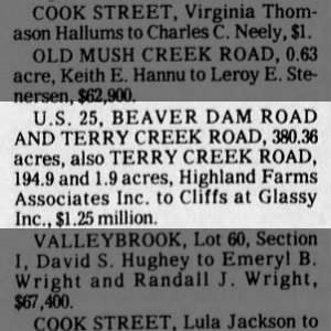 Highland Farms- sold 577.16 acres to Cliffs at Glassy Mountain, GVL News 10 Jul 1994
