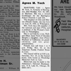 Obituary for Agnes M. Yech