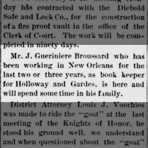 J.G. Broussard home for a visit from working in New Orleans 1889