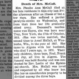 Obituary for Phoebe Ann Hayes McCall 1813-1895