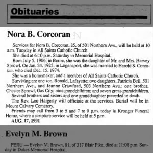 Obituary of Nora Belle Sprowl Corcoran