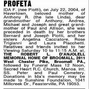 Obituary for IDA F. PROFETA