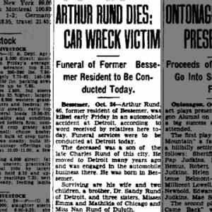 Carl Runds son dör i bilolycka i Detroit, 24 oktober 1938.