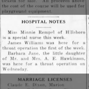 1919 Miss Minne Rempel special nurse, Marion Recor Sept 18