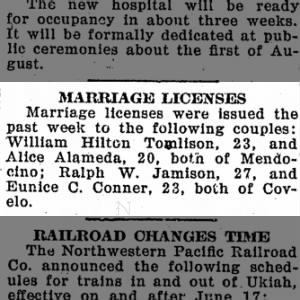 Marriage License of William H Tomlinson / Alice Alameda